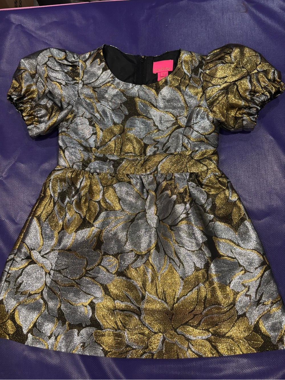 Lilly Pulitzer Gold and Silver Metallic Floral Puff Sleeve Dress